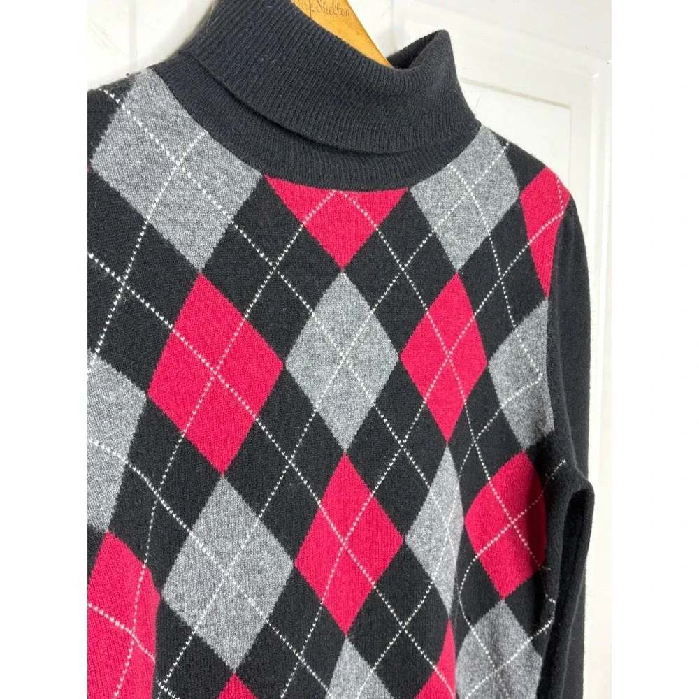 Apt 9 100% Cashmere Argyle Turtleneck Sweater Women's Size M Black Red Gray - Picture 3 of 6